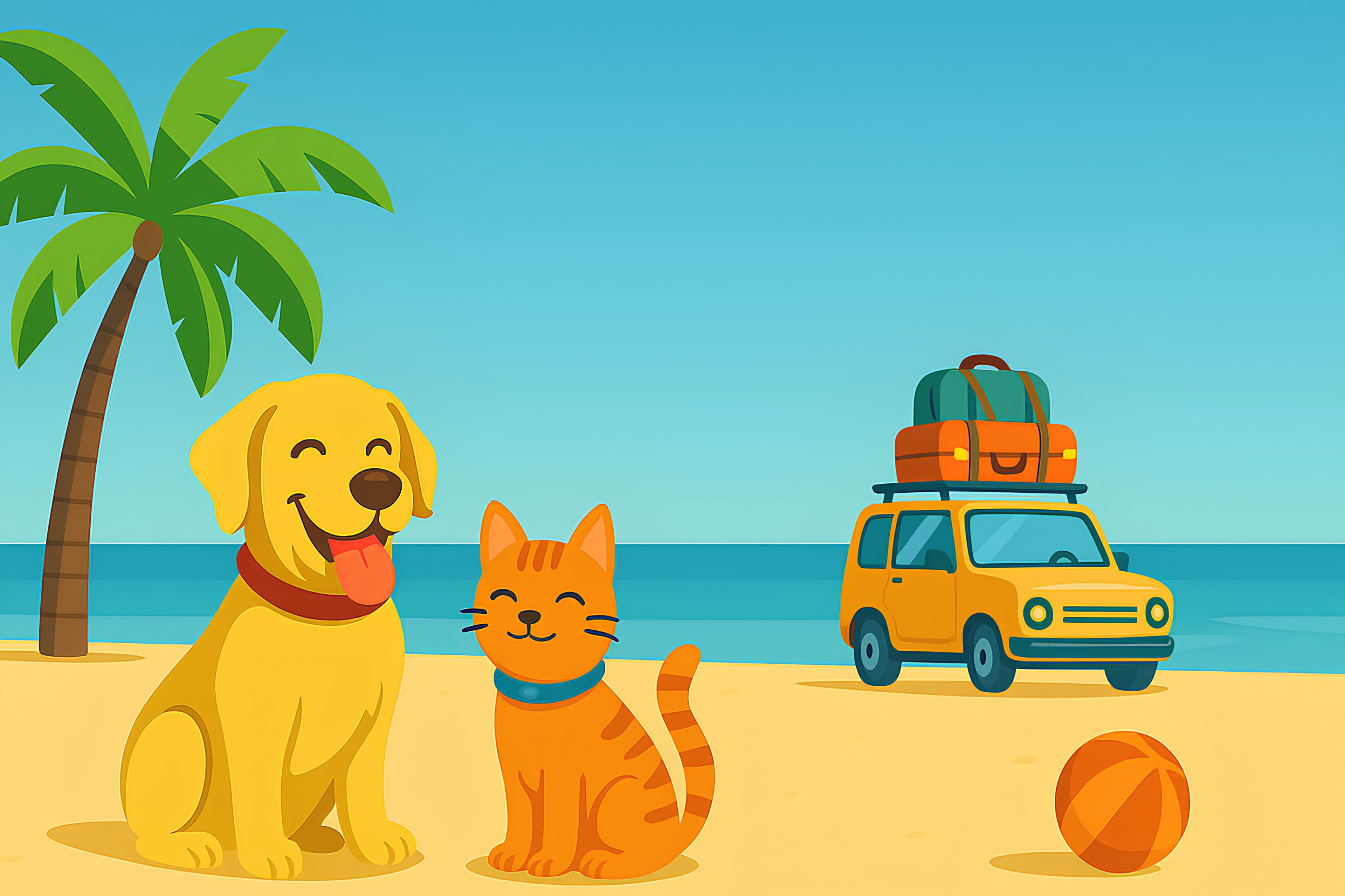 Cartoon pets on beach vacation